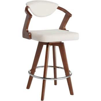 55 Downing Street Walnut Swivel Bar Stool Brown 26 1/2" High Mid Century Ivory Velvet Cushion for Kitchen Counter Height Island Home