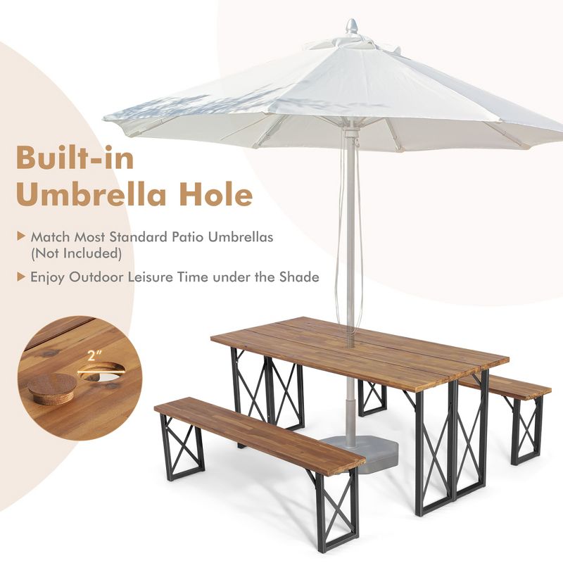 Costway 3 PCS Outdoor Acacia Wood Patio Dining Table Bench Set with 2'' Umbrella Hole, 5 of 11