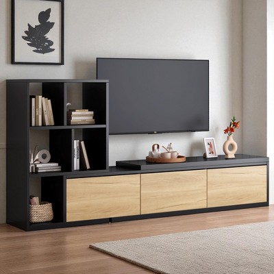 74.8''-126'' Extendable TV Stand with 3-Tier Bookshelves for TVs up to 110", Adjustable Entertainment Center with Cabinets & Sliding Tabletop