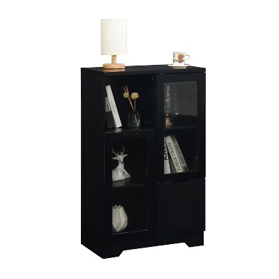 Lirago,25.6"D * 11.8"W * 39.4"H,Black MDF Display Cabinet with Glass Doors & Drawer, Multi-Functional Organizer for Bedroom/Living Room