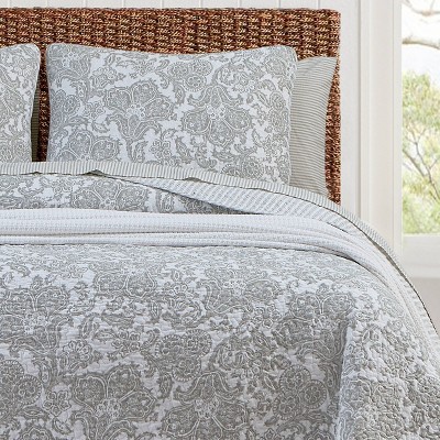 Gray Floral Cotton Reversible Full/Queen Quilt Set