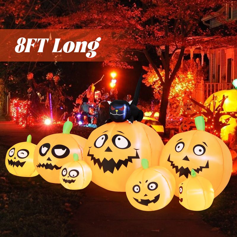 Tangkula 8Ft Long Halloween Inflatable Pumpkin Outdoor Blow Up Deco w/ 7 Pumpkins & 1 Black Cat Built-in Blower 4 Stakes LED Lighted Inflatable Prop, 3 of 10
