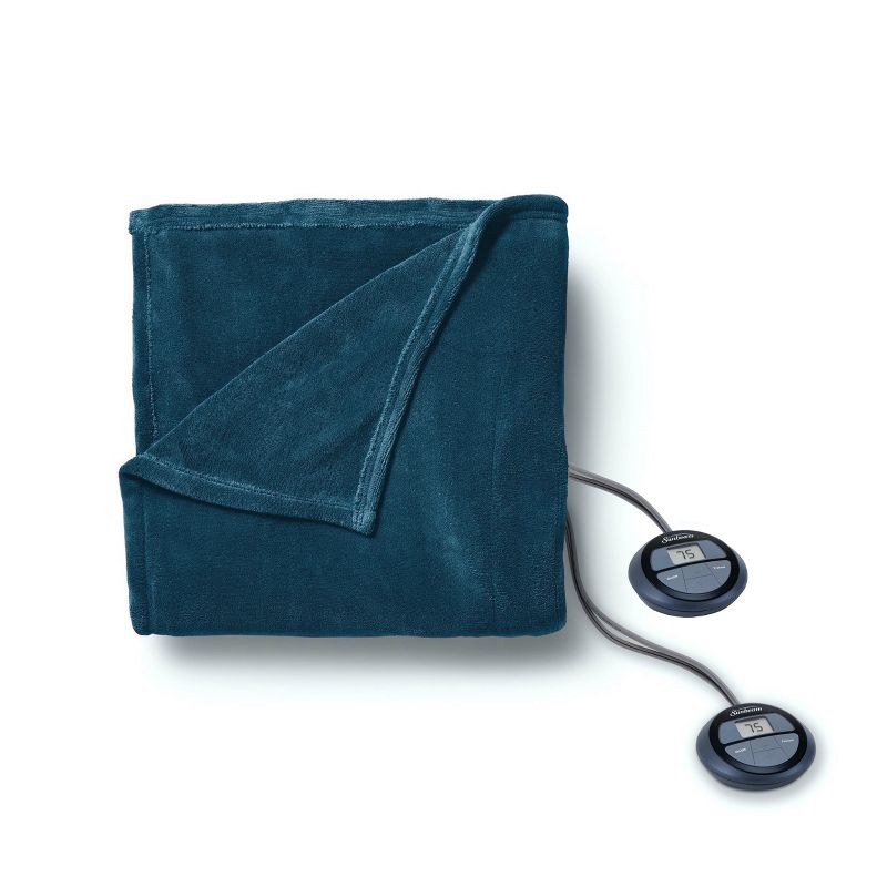 Sunbeam Queen Electric Heated MicroPlush Blanket in Lagoon with Dual Digital Display Controllers, 1 of 4