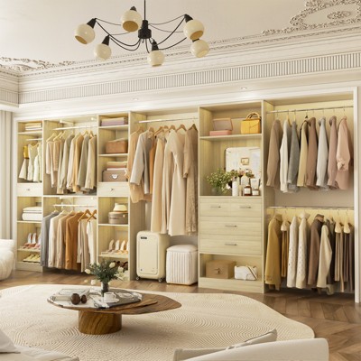 Aheaplus 16FT Heavy-Duty Closet System with 6 Hanging Rods and Mirror, Walk-In Closet Storage Organizer with Drawers