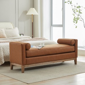 Hrinhom 66.3"W PU Upholstered Bedroom Bench with Pillows and Solid Wood Legs, Bedroom, Entryway - 1 of 4