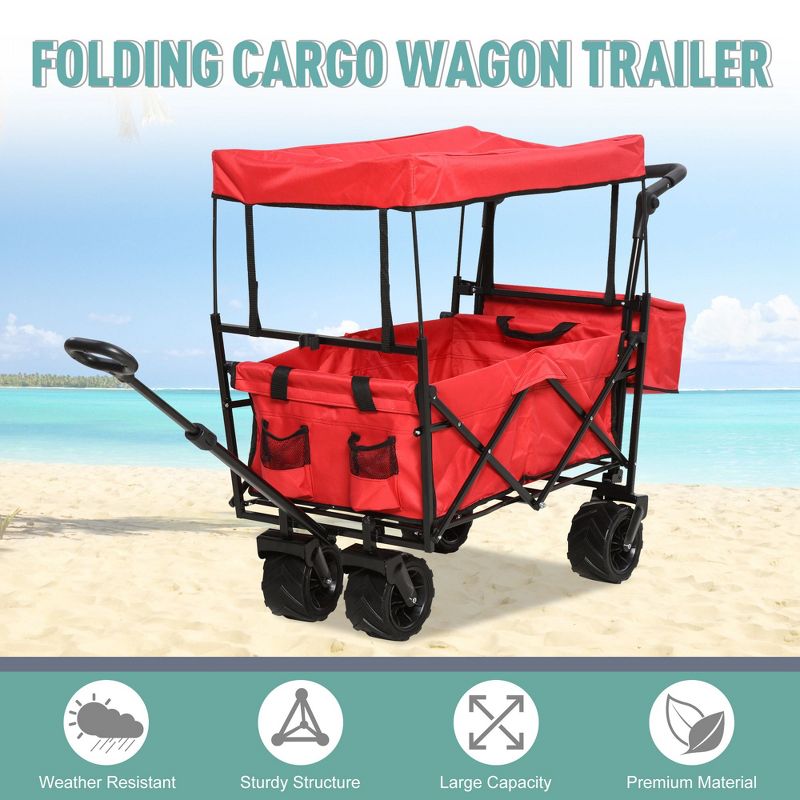 DURHAND Collapsible Folding Utility Garden Cart Wagon with Adjustable Push/Pull Handle Canopy & All-Terrain Wheels, 3 of 9