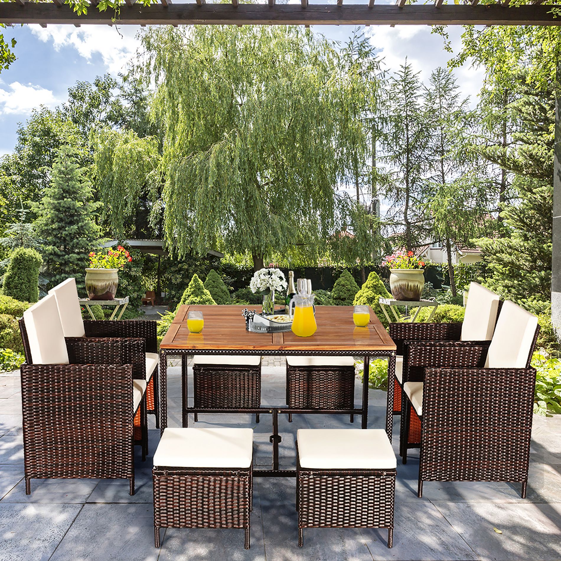Costway 9PCS  Acacia Wood Patio Rattan Dining Set Cushioned Chairs Ottoman
