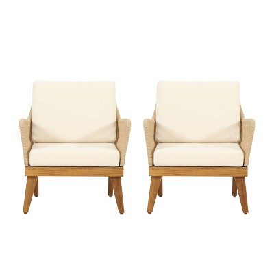 2pk Annisa Outdoor Acacia Wood Club Chairs with Cushions: Rope Weave, UV &#38; Weather-Resistant - Christopher Knight Home