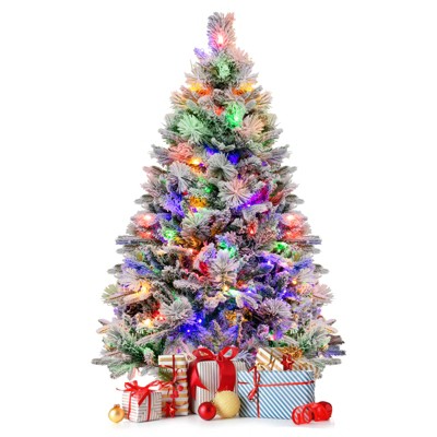 Tangkula 4.5/6/7 FT Pre-lit Artificial Christmas Tree, Snow-flocked Xmas Tree with 160/240/320 Multi-color LED Lights, 8 Lighting Modes