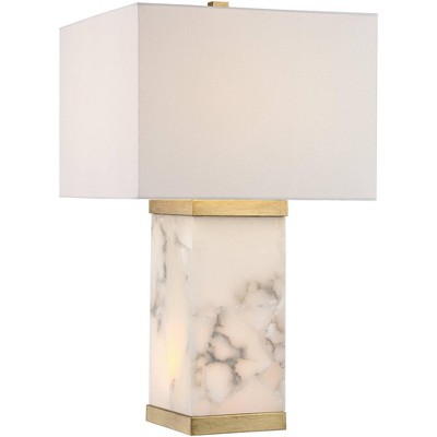 Possini Euro Design Modern Table Lamp with Nightlight Alabaster and Metal Rectangular Shade for Living Room Family Bedroom Office