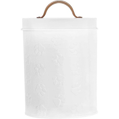 Amici Pet Puppy Paws White Metal Food Canister, Small, Airtight Seal, Removable Lid, and Metal Handle for Fresh and Stylish Pet Food Storage, 64 oz.