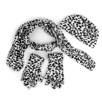 Women's Black And White Fleece Snow Leopard 3-Piece Gloves Scarf Hat Winter Set