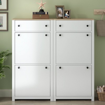 Slim Tipping Bucket Shoe Cabinet Set With 4 Flip Drawers And Adjustable Panel,Wood Grain Pattern Top Shoe Cabinet With Drawers-Cuddlewood