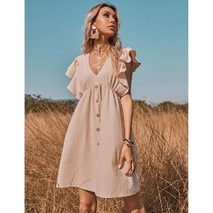Women's Flutter Sleeve Mini Dress Button Detail Babydoll Sundress Casual Summer Dress - 1 of 4