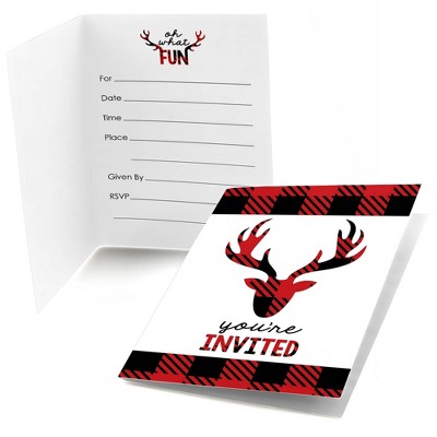 Big Dot of Happiness Prancing Plaid - Fill-in Christmas and Holiday Buffalo Plaid Party Invitations (8 count)