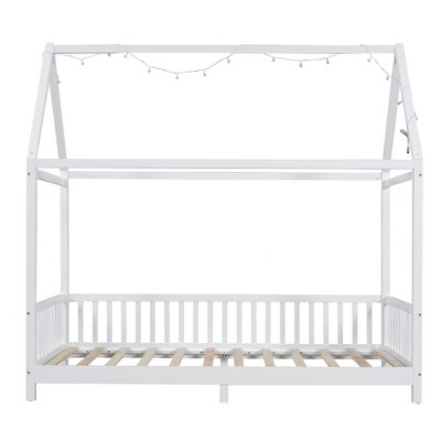Bellemave LED Twin Size House Bed ,Montessori Floor Bed ,Wooden  Bed Frame with Slats and Fence, for Girls,Boys,White
