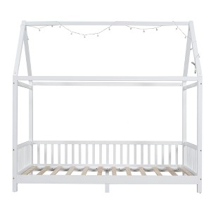 Bellemave LED Twin Size House Bed ,Montessori Floor Bed ,Wooden  Bed Frame with Slats and Fence, for Girls,Boys,White - 1 of 4