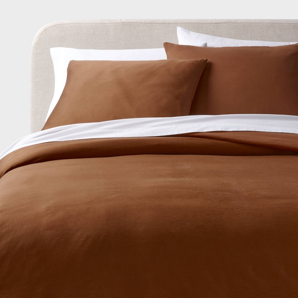 Photos - Bed Linen Full/Queen Washed Cotton Sateen Duvet Cover and Sham Set Light Brown - Thr