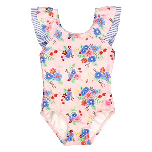 RuffleButts Girls Ruffle V-Back One Piece - Coastal Breeze Floral, Size: 5