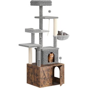 Litter Box Enclosure with Cat Tree Tower, Condo, Cat Tree with Hidden Pet Washroom Furniture with Sisal Scratching Post, Hammocks,  Condo - 1 of 4