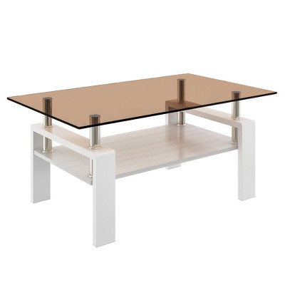 Dolonm 39.2" Modern Rectangle Coffee Table with Tempered Glass Top & MDF Shelf, Sturdy Iron Legs for Living Room
