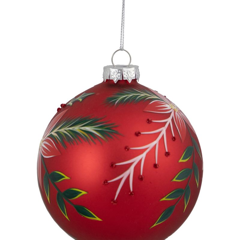 Northlight 4" Red Poinsettia and Holly Glass Christmas Ball Ornament, 3 of 5