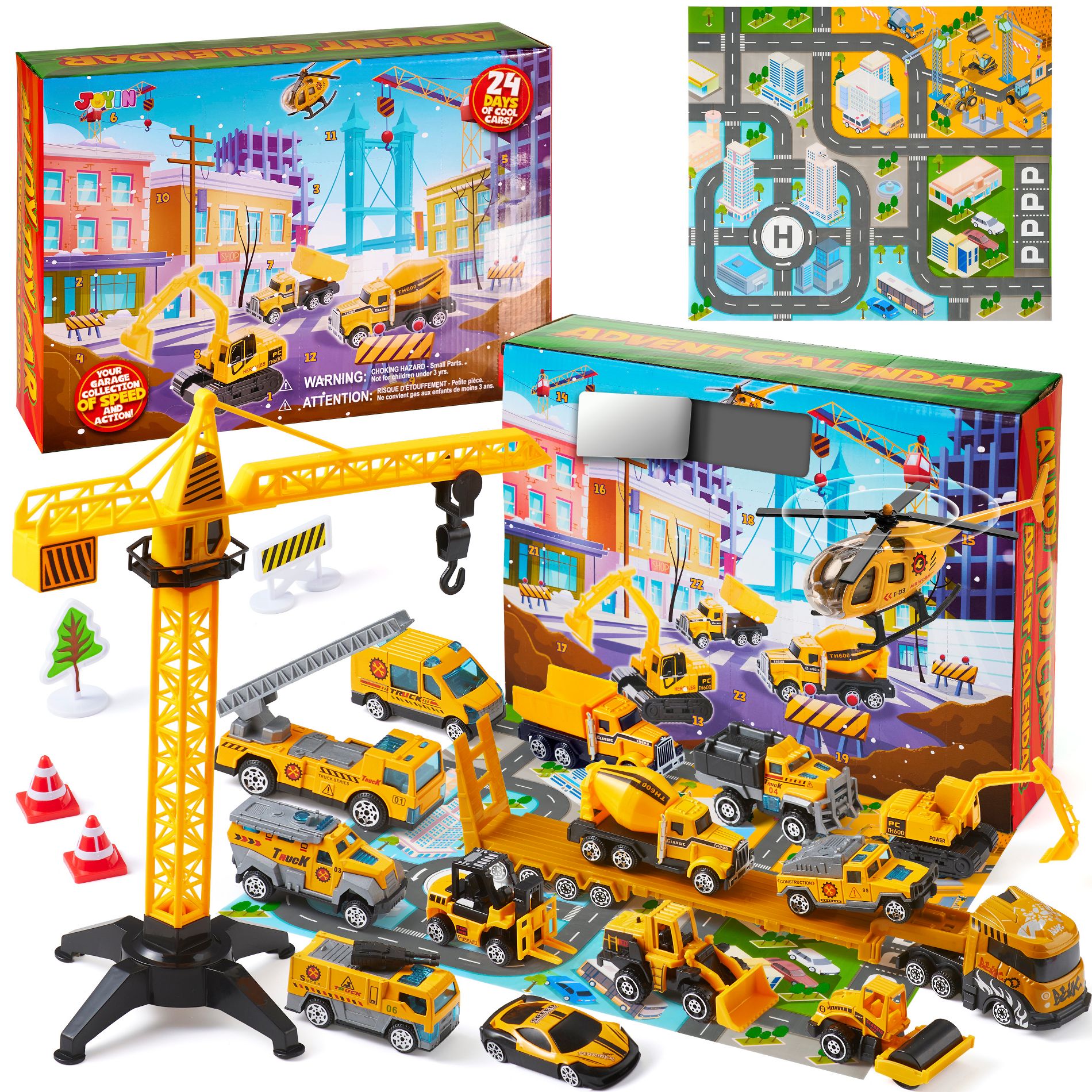 Joyfy2026 Advent Calendar - 24 Days Alloy Construction Trucks - City Play Mat for Kids Engineering Vehicle for Christmas Gifts Ages 3+