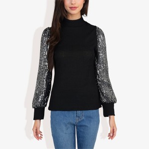 Anna-Kaci Women's Mock Neck Top Sequin Detail Ribbed Knit Pullover - 1 of 4