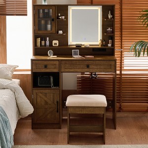 Gulches Farmhouse Rustic Brown Vanity Desk with Mirror & Lights Charging Station (2 USB/2 AC), Stool+Drawers+Shelves+Side Cabinet, Dressing Table Set - 1 of 4