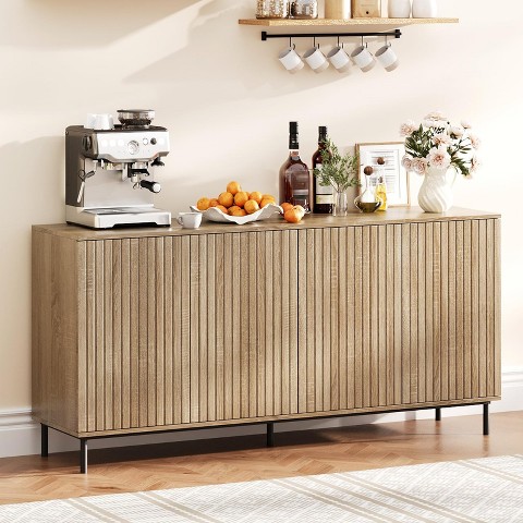 GustoWave 63" Fluted Sideboard Buffet Cabinet with 4 Doors and Adjustable Shelves, Modern Storage Cabinet for Dining Room - Natural