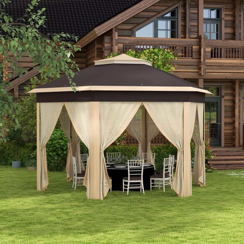 Outsunny 13' x 13' Pop Up Gazebo Hexagonal Canopy with 6 Zippered Mesh Netting, 2-Tier Roof Event Tent with Steel Frame for Patio Backyard, 4 of 8