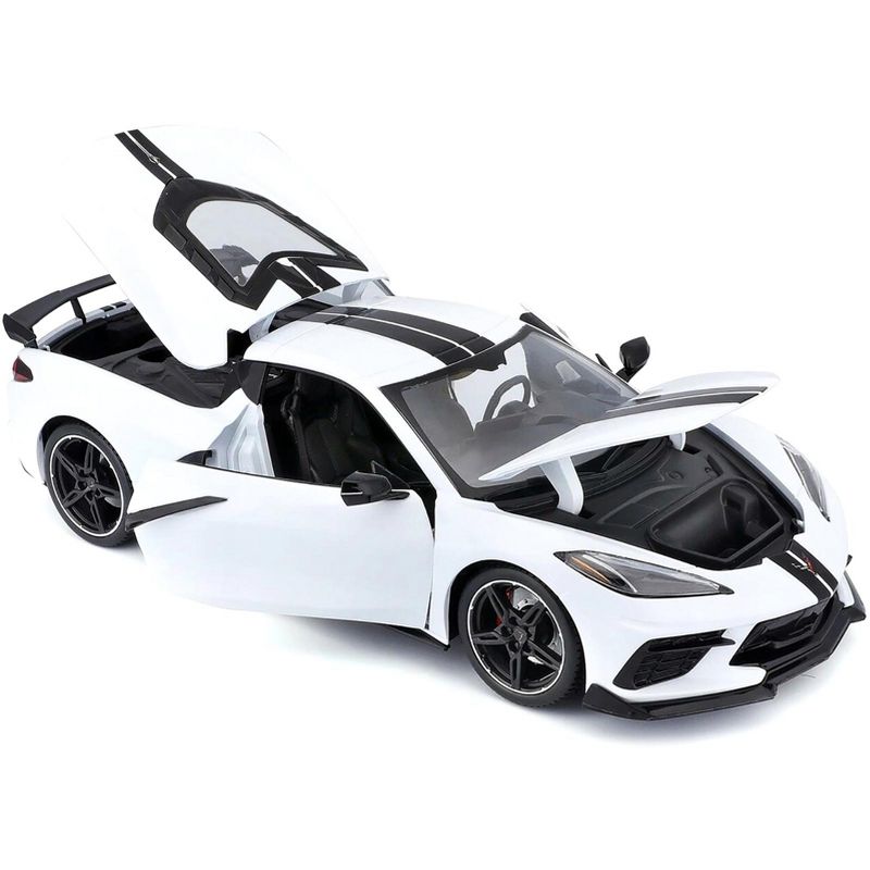 2020 Chevrolet Corvette Stingray C8 Coupe with High Wing White with Black Stripes 1/18 Diecast Model Car by Maisto, 2 of 5