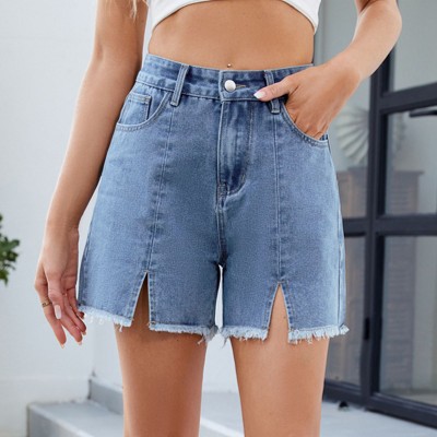 Womens High Waist Denim Shorts Slit Straight Leg Frayed Shorts with Pockets for Summer