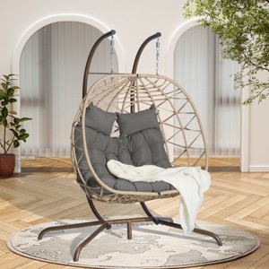 Double Patio Swing Egg Chair With Stand,Wicker Hanging Basket Chair With UV Resistant Cushions,Hammock Chair -Maison Boucle - 1 of 4