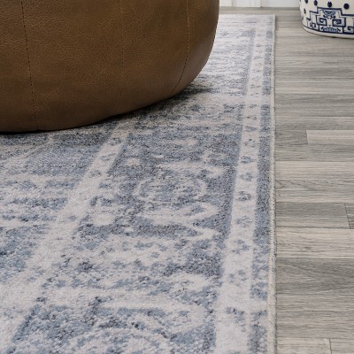 Blue and Light Gray Medallion Washable Synthetic 4' x 6' Rug