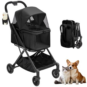 4-Wheel Foldable Pet Stroller for Small to Medium Pets Up to 50Lbs, 360¡ã Swivel Wheels with Foot Brake&Breathable Mesh Canopy, for Park, Vet Outings - 1 of 4