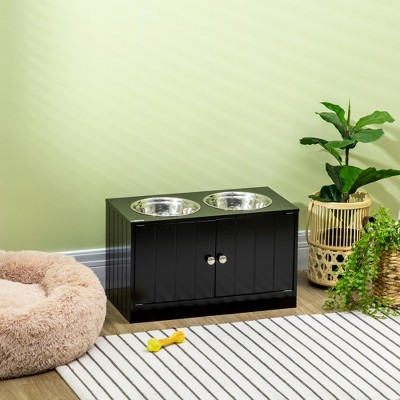 Black Elevated Dog Bowls with Storage Cabinet and Stainless Steel Bowls