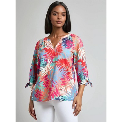 Jones New York Plus V-Neck Print Tie-Sleeve Blouse