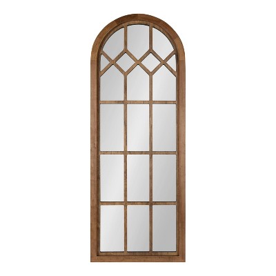 Rustic Brown Arch Wood Framed Windowpane Wall Mirror, 18 x 47