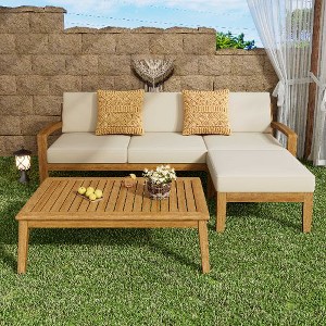 Sapphtopaz 5-Piece Outdoor Patio Sofa Set, Wood Outdoor Sofa with Cushions, L Shape Patio Sofa Set, Slat Panel 3-Seater Sectional Sofa with Ottoman - 1 of 4