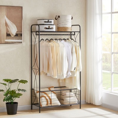 Freestanding Garment Rack Wardrobe Closet, Heavy Duty Metal Clothes Rack with Hanging Rail Metal Basket,Bathroom Storage Shelves-Cuddlewood