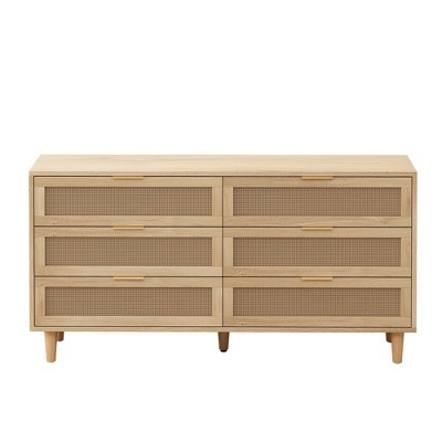 VYNXARIA 59.06" Rattan Storage Cabinet with 6 Drawers and White Slides for Bedroom and Living Room