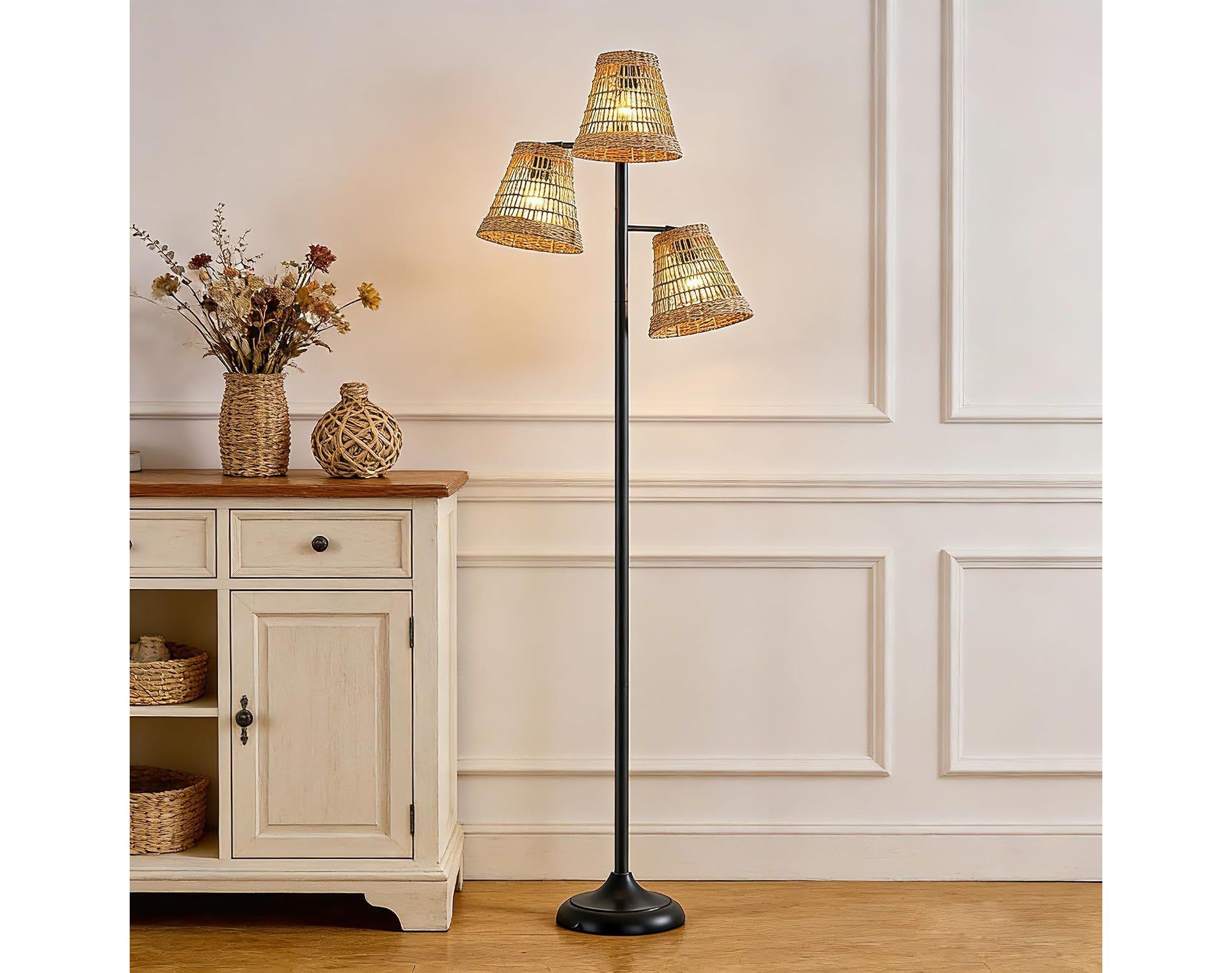 72 Inch Boho Rattan Floor Lamp with 3 Lights, Woven Shade, Iron Base, for Living Room Bedroom Office