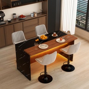 Modern Black Kitchen Island Dining Table with LED Lights and 2 Brown Bar Stools, Faux Marble Counter Height Set for Eat-in Kitchen-3irtyhousy - 1 of 4