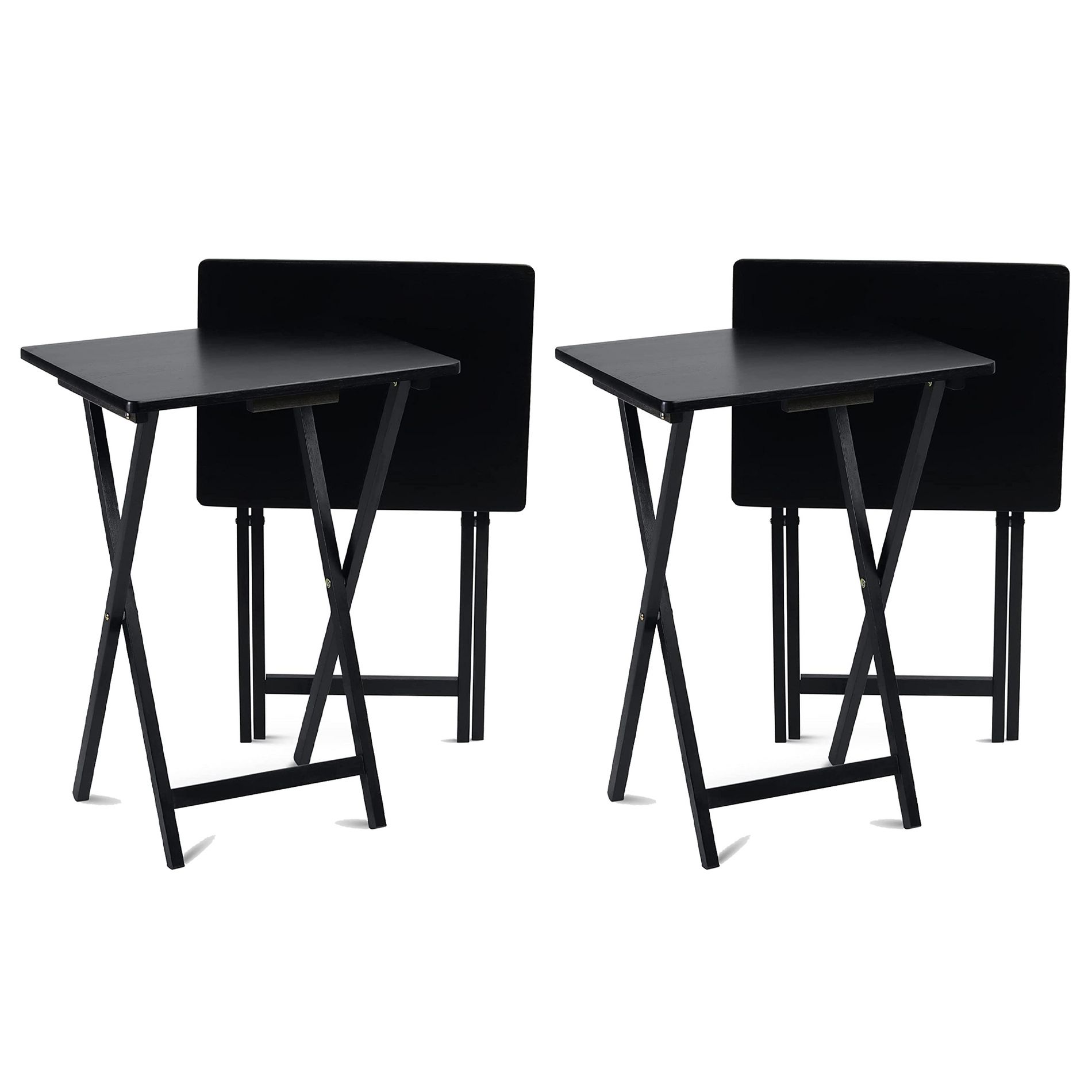 PJ Wood Conventional Solid and Sturdy Wood Construction Portable Folding TV Snack Tray Table Desk Serving Stand, Black (4-Piece Set)