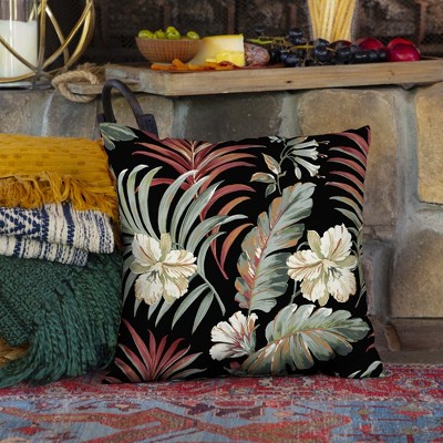 Simone Black Tropical 16" Square Outdoor Pillow