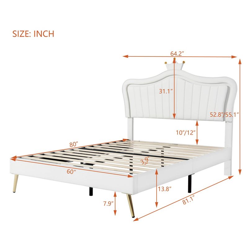 Queen/Full Size Upholstered Platform Bed Frame with LED Lights, Princess Bed with Crown Headboard-ModernLuxe, 3 of 14