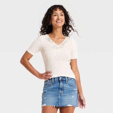 Women's Short Sleeve Lace V-Neck T-Shirt - Universal Thread™ Cream XS