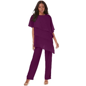 Roaman's Women's Plus Size Tiered Short Sleeve Pant Set - 1 of 4