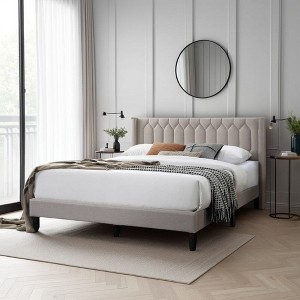 Royal Hampton Queen Size Bed, Geometric Stitched Light Brown Burlap Upholstery - 1 of 4